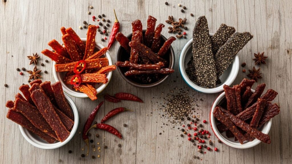 Various flavored thin beef jerky in small bowls.