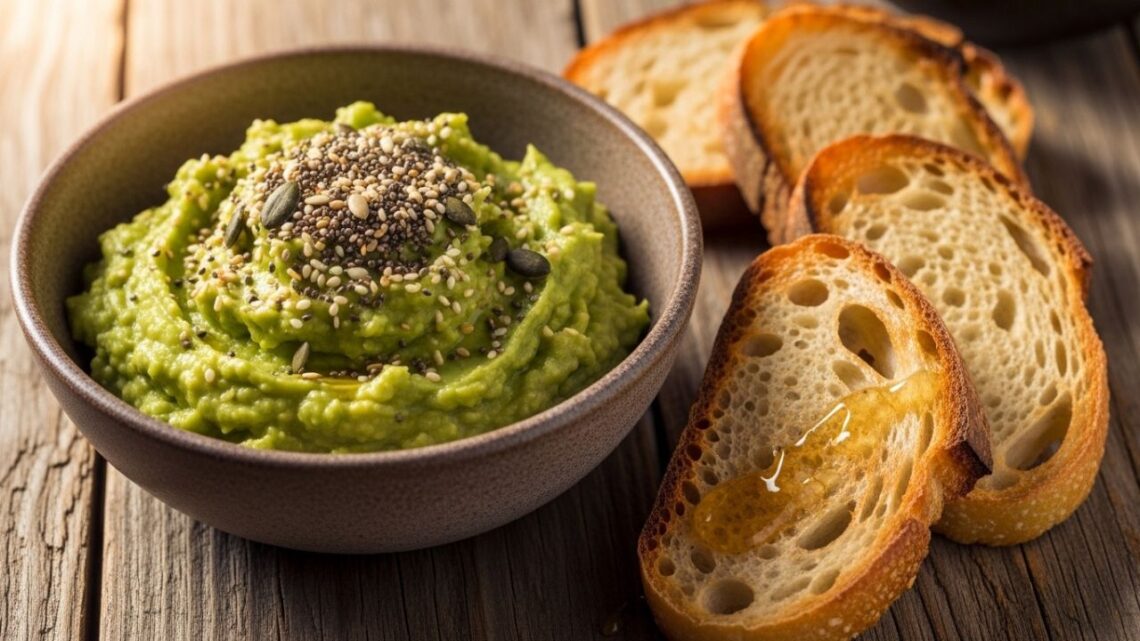 Avocado honey spread in rustic bowl with seeds and toast