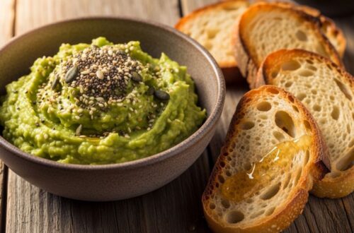 Avocado honey spread in rustic bowl with seeds and toast
