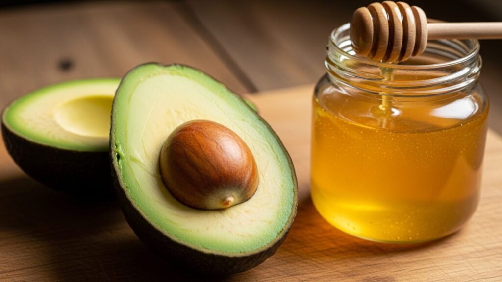 Fresh avocado halves with honey drizzle