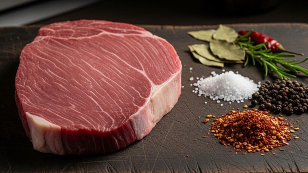 Lean beef with visible grain next to spices.
