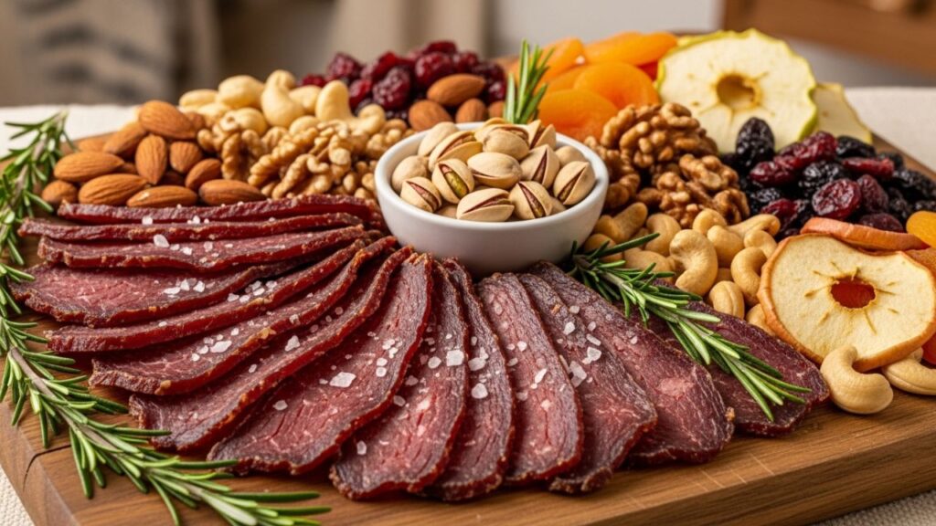 Thin beef jerky with nuts and dried fruit on platter.