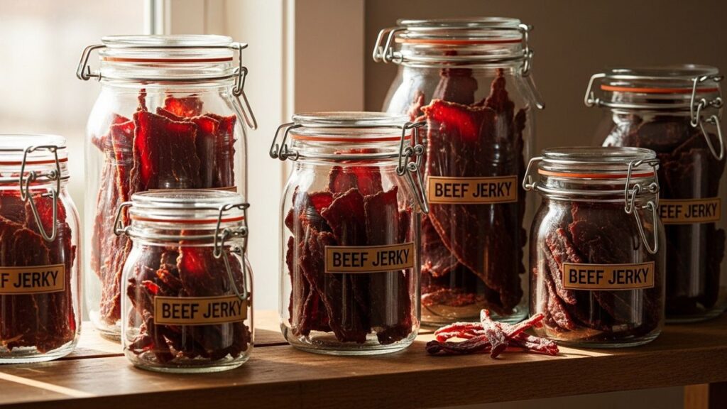 Thin beef jerky stored in glass jars