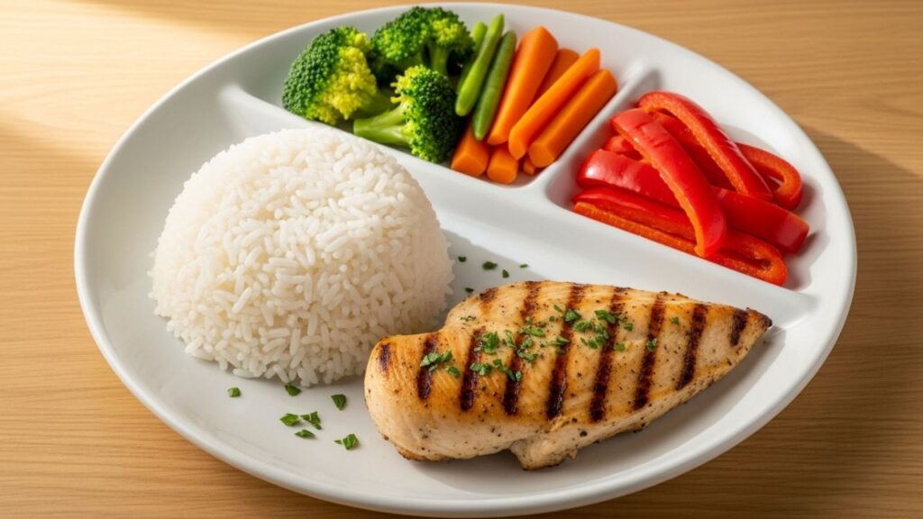 balanced Chinese food stir fry vegetables chicken rice flavors