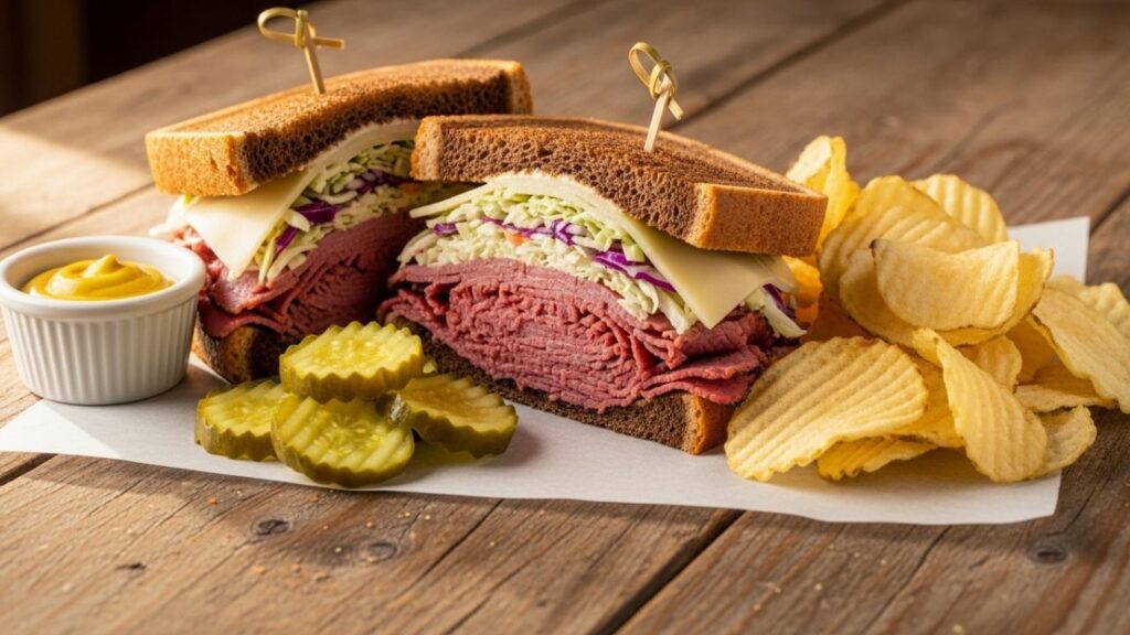Meal served with potato chips and pickle spear on wooden table