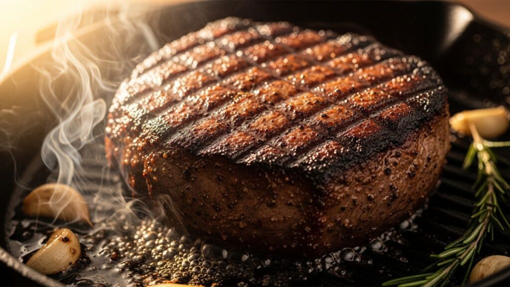 High-heat grilling of meat with tongs in hand.