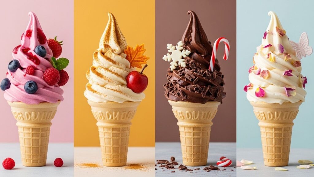 Seasonal soft serve options like mango, pumpkin, and peppermint