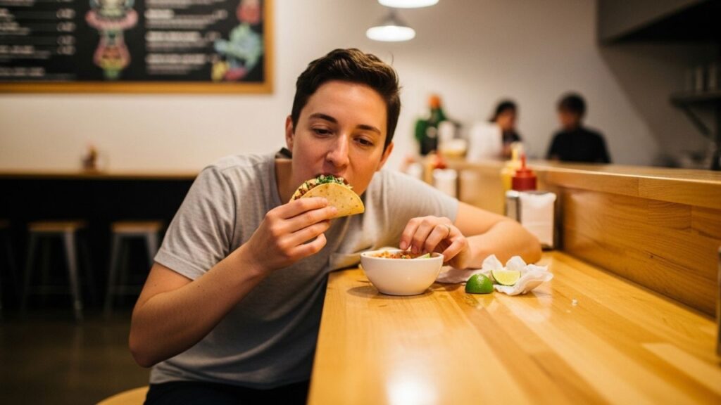 Person enjoying a taco solo and friends sharing tacos at a table.