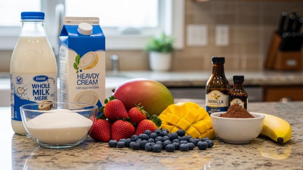 Milk, fruits, sugar, and cocoa arranged on a kitchen counter