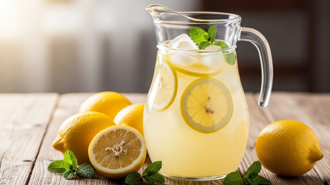 Glass pitcher of fresh lemonade.