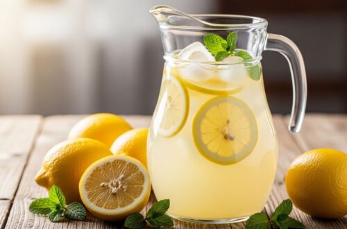 Glass pitcher of fresh lemonade.