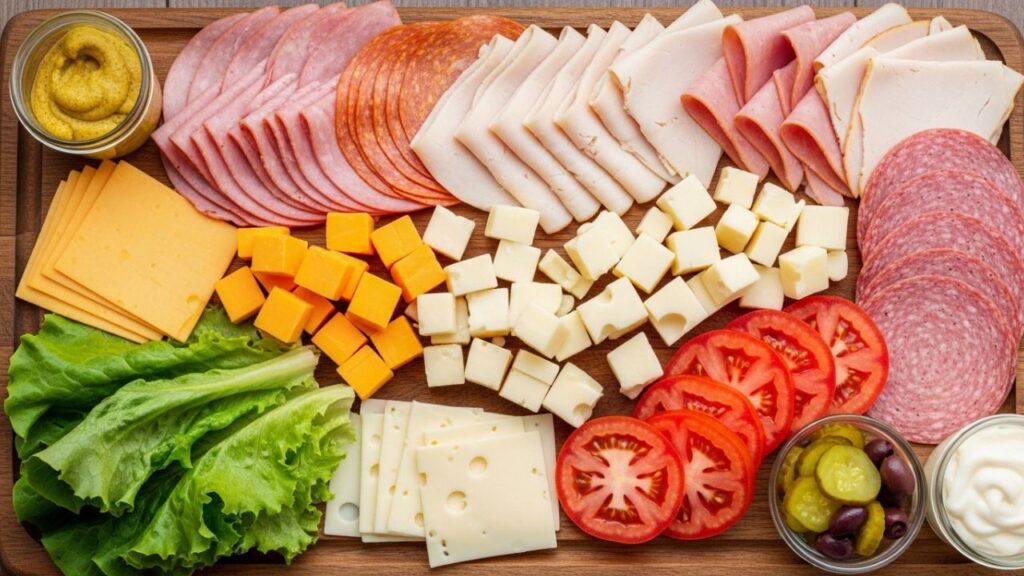 Hands assembling a deli sandwich with bread, sliced turkey, cheese, lettuce, and tomato on cutting board