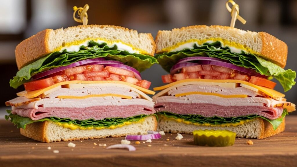 Fresh deli sandwich cut in half showing layers of sliced meat, cheese, lettuce, tomato, and toasted bread