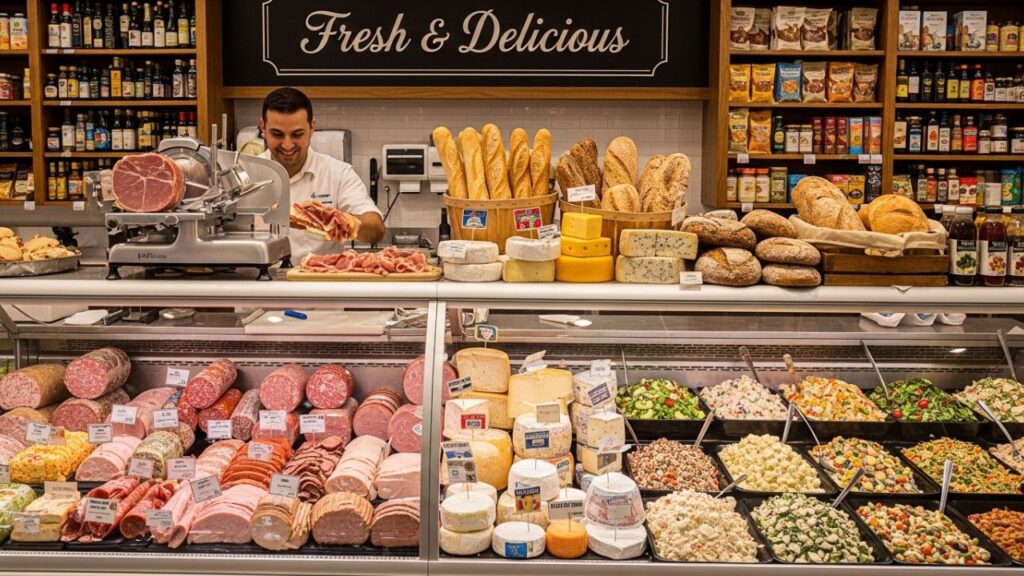 Deli counter displaying sliced meats, cheeses, fresh bread rolls, and prepared salads ready for sandwiches