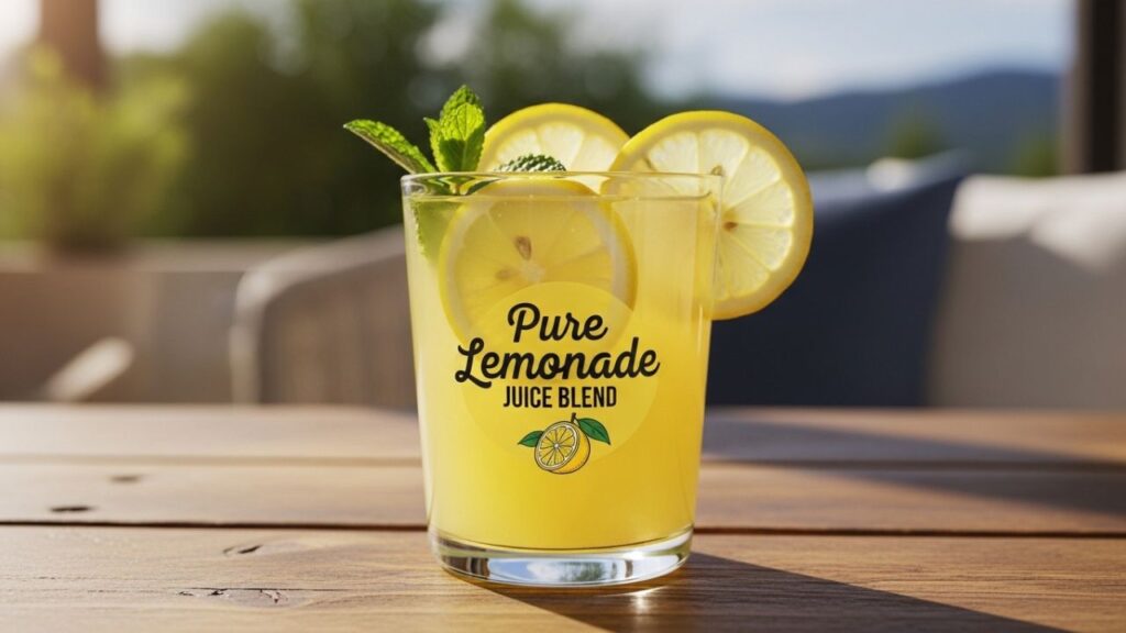 Fresh lemonade pitcher with lemon slices.