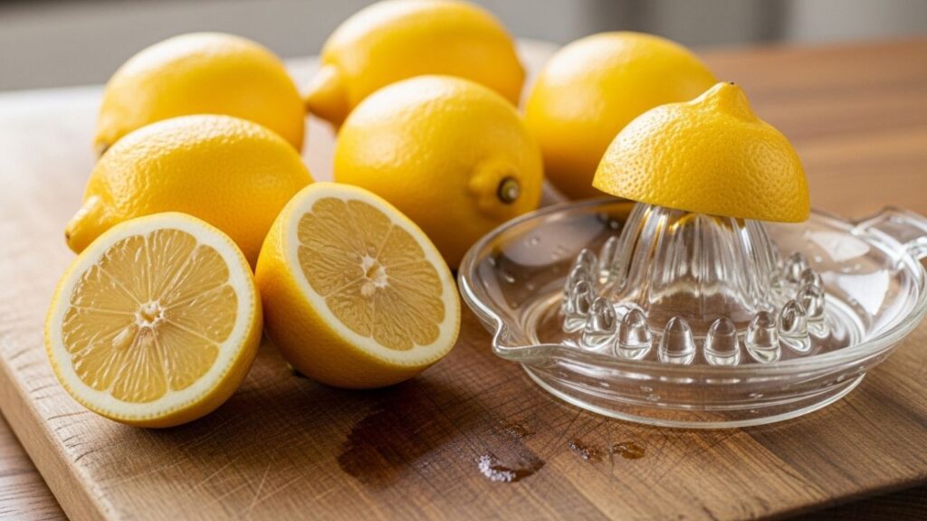 Fresh lemons with citrus juicer.