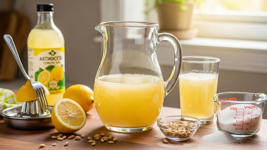Fresh lemons beside bottled juice.