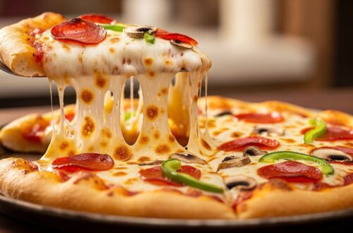 Golden pizza slice with stretching cheese