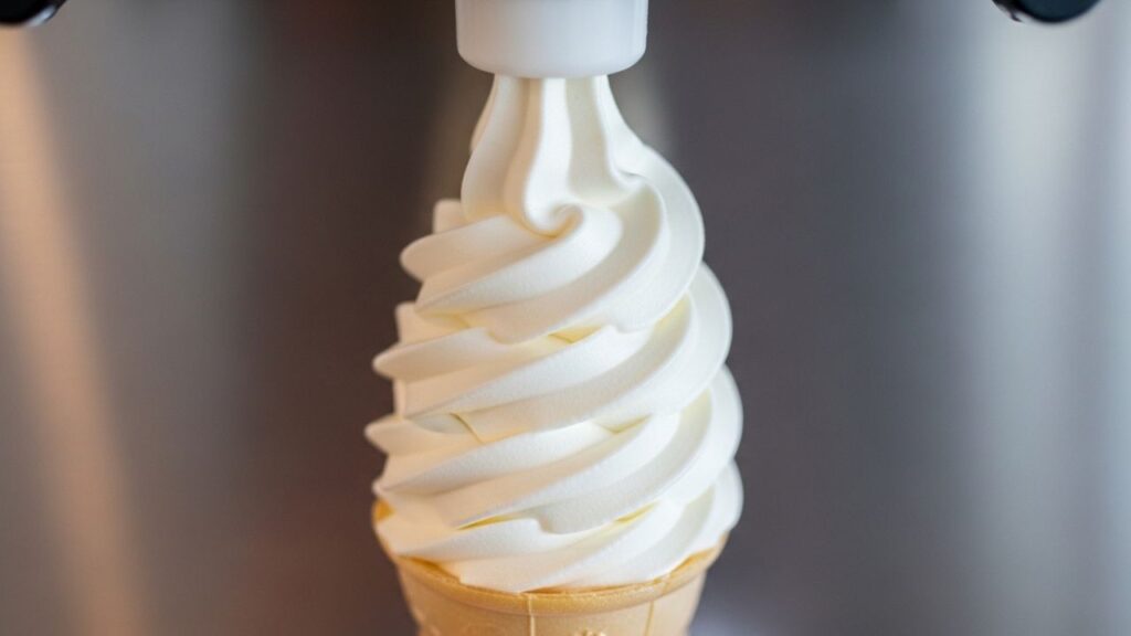 Soft serve being dispensed from a machine into a cone