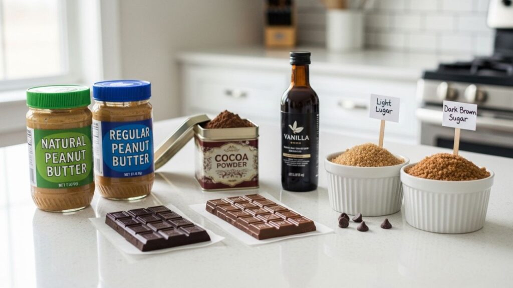 Jars of chocolate bars, cocoa powder, and vanilla extract on counter