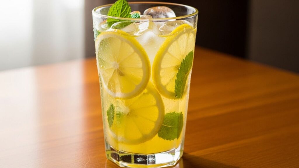 Cold lemonade glass with mint.