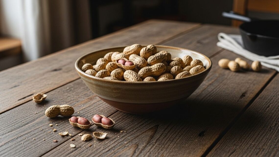 Bowl of raw little peanut on rustic kitchen table.