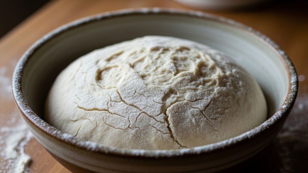 Low sodium pizza crust dough rising in a flour-dusted bowl