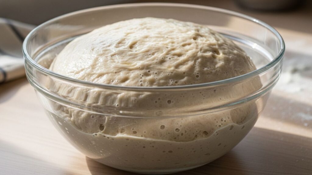 Low sodium pizza crust dough rising in an oiled bowl