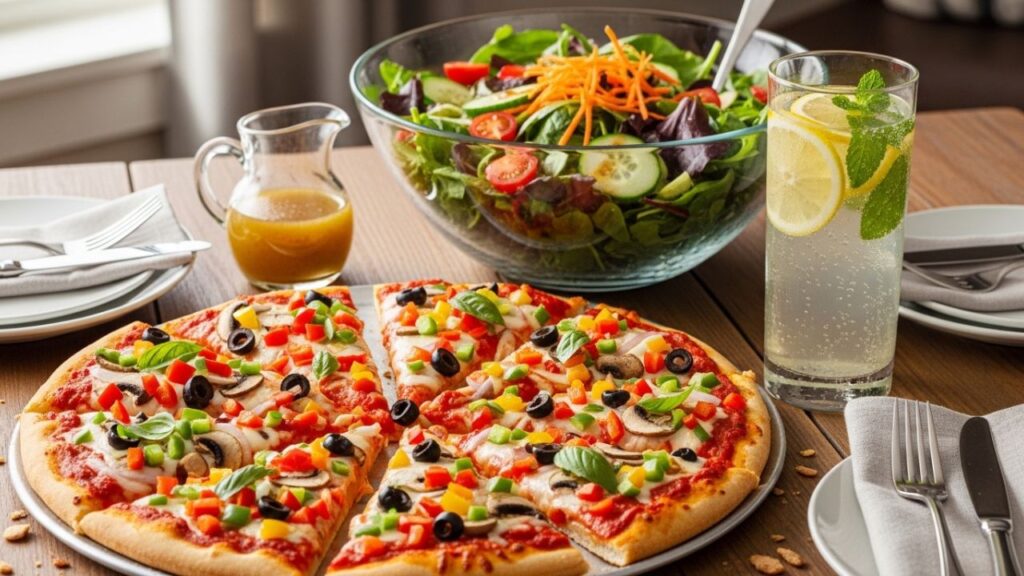 Sliced pizza with salad on table