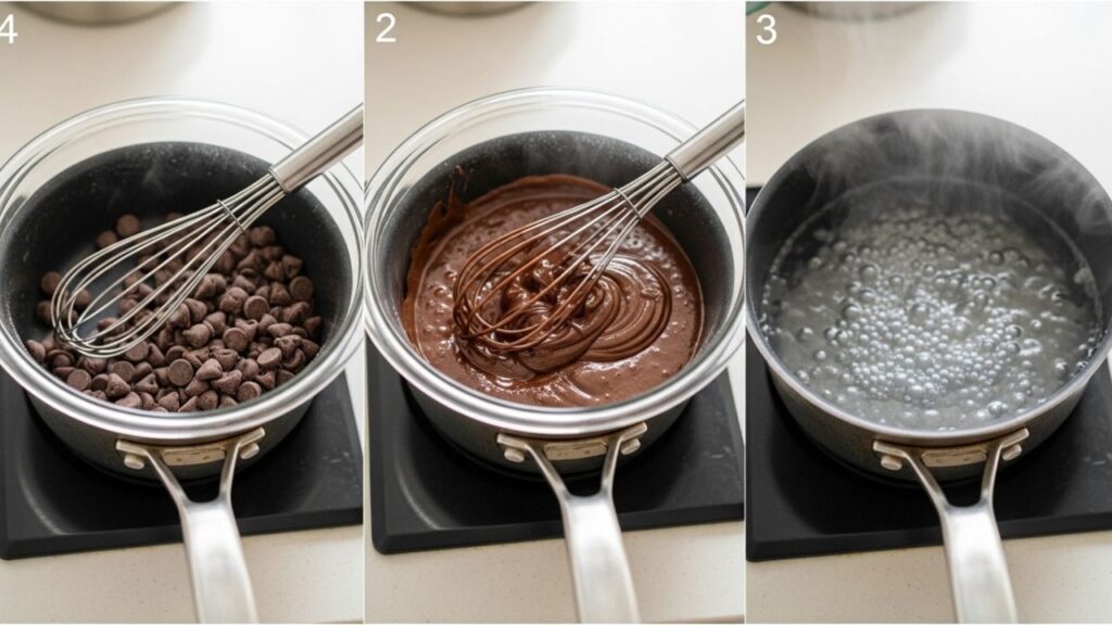 Collage of mixing peanut butter, melting chocolate, and layering in tray