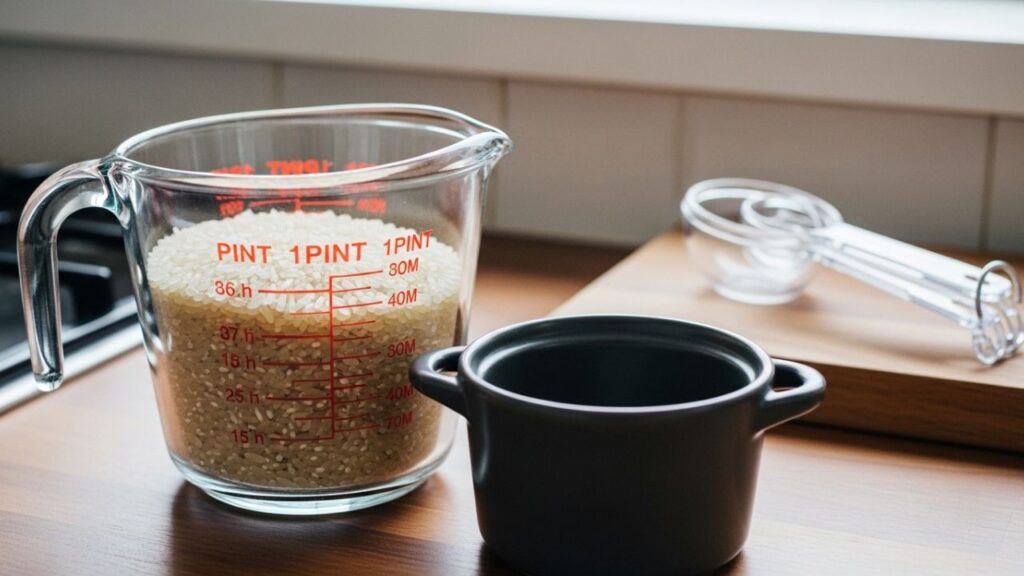 Dry white being measured with a pint jar next to a small cooking pot
