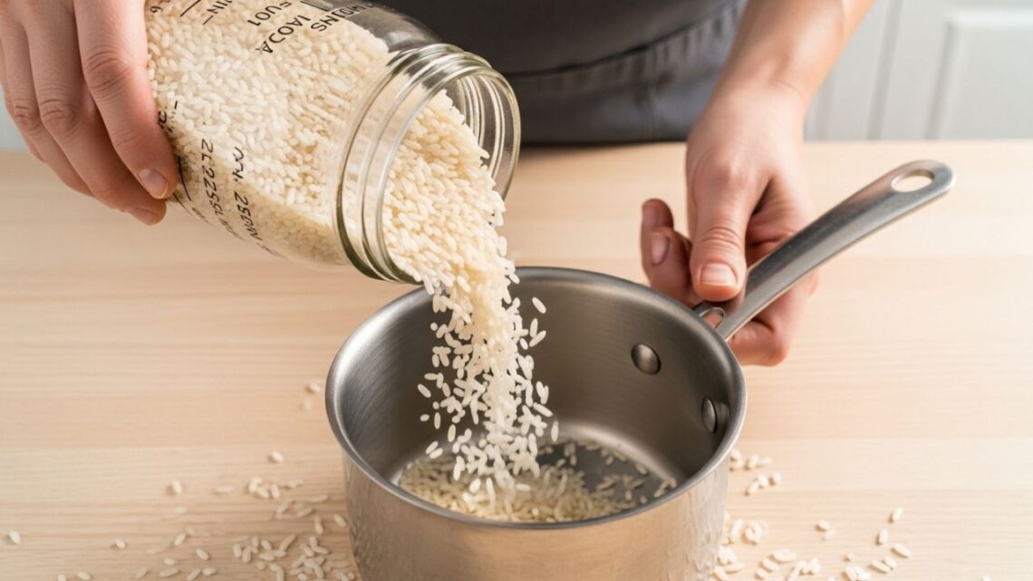 Dry white rice being measured with a pint jar next to a small cooking pot