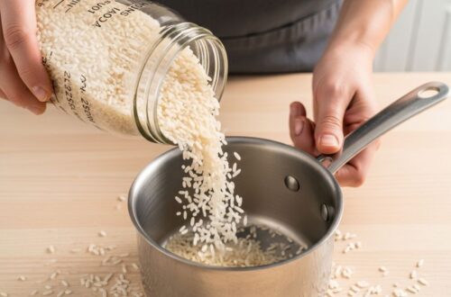 Dry white rice being measured with a pint jar next to a small cooking pot