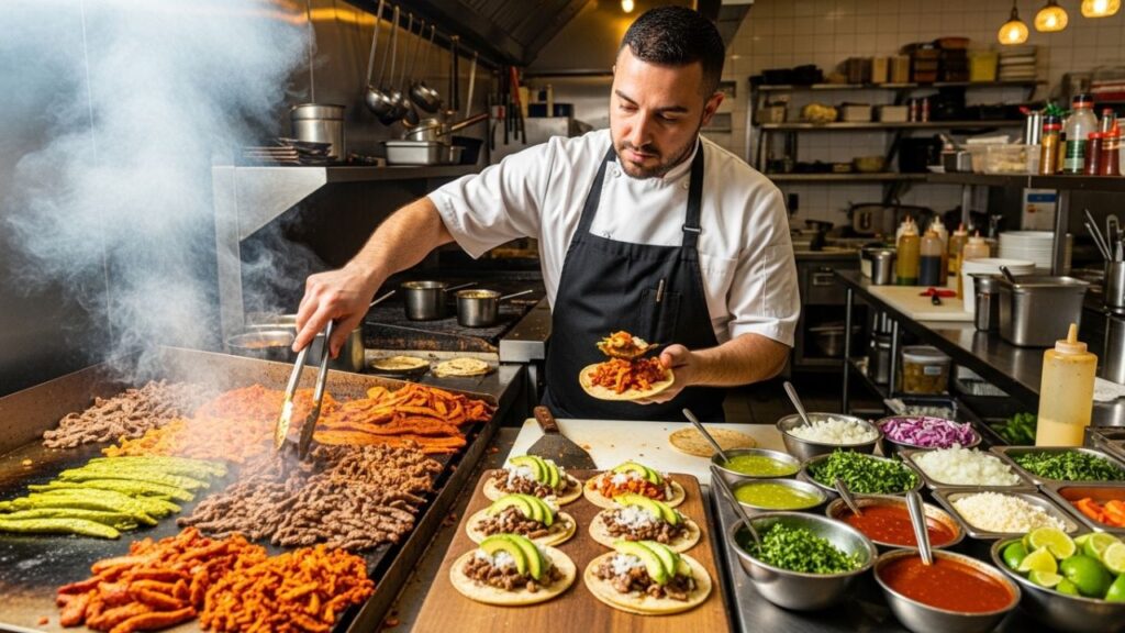 Mobile taco cart with cooked grilling meat and arranging toppings.