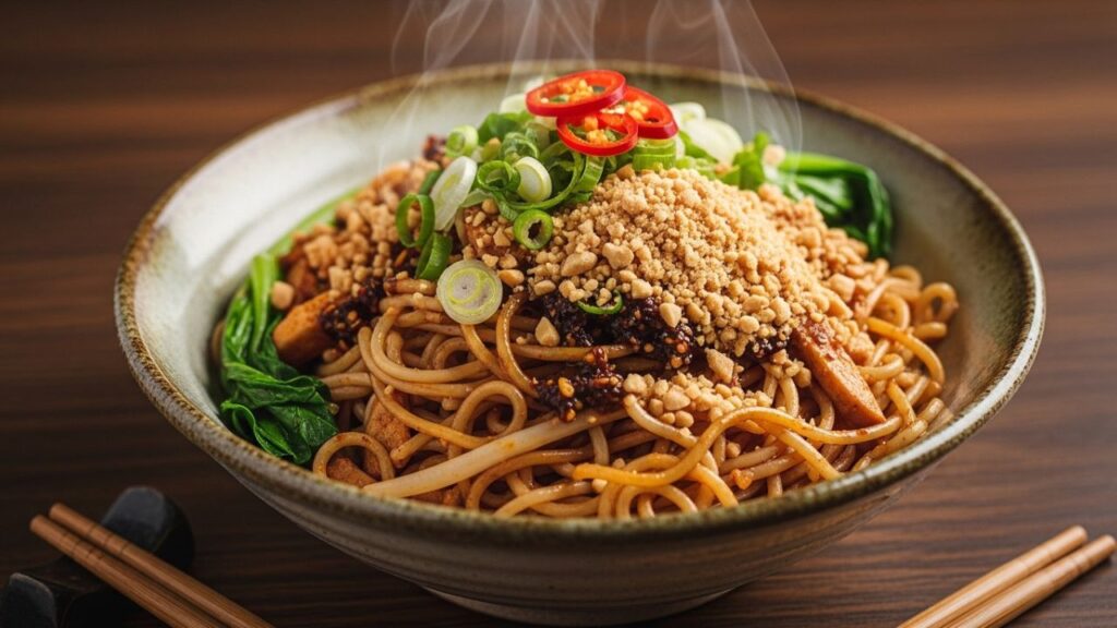 Noodle bowl topped with crushed little peanut.