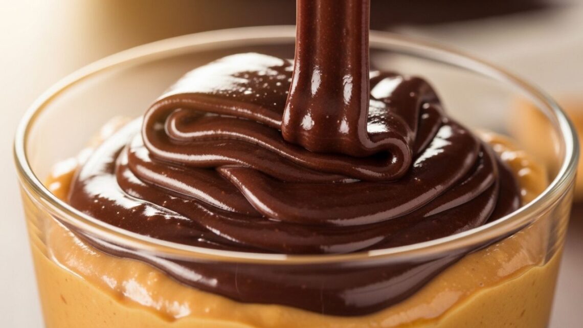 Close-up of chocolate poured over creamy peanut butter dessert