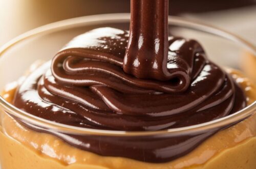 Close-up of chocolate poured over creamy peanut butter dessert