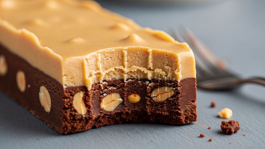 Dessert bite showing chocolate layers with texture contrast