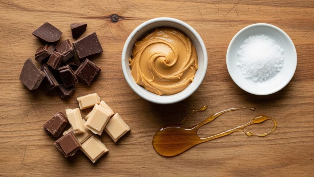 Flat lay of ingredients for  chunks, honey, and sea salt