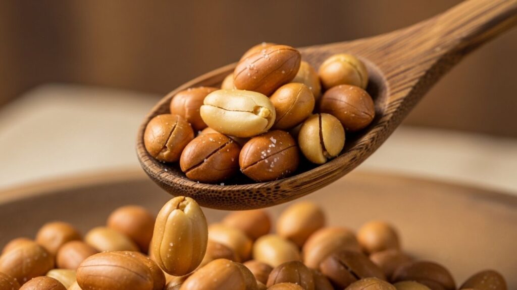 Roasted little peanut spilling from wooden spoon