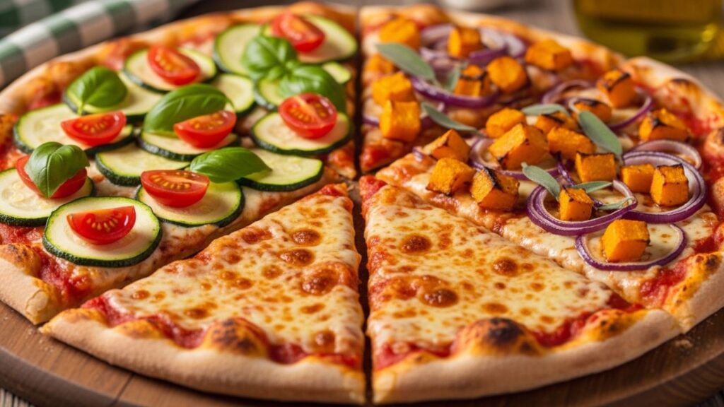 Pizza with summer zucchini and roasted pumpkin