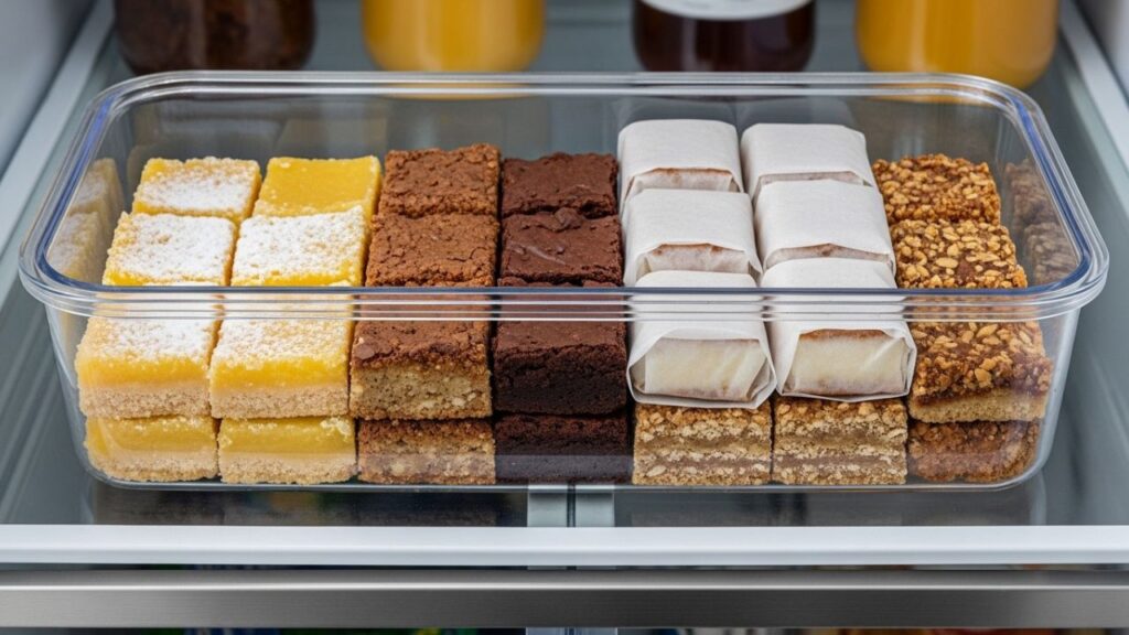 Peanut butter chocolate bars stored in airtight container in refrigerator