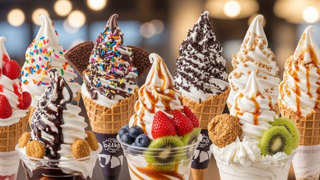 Soft serve in cones and cups topped with sauces and fresh fruits