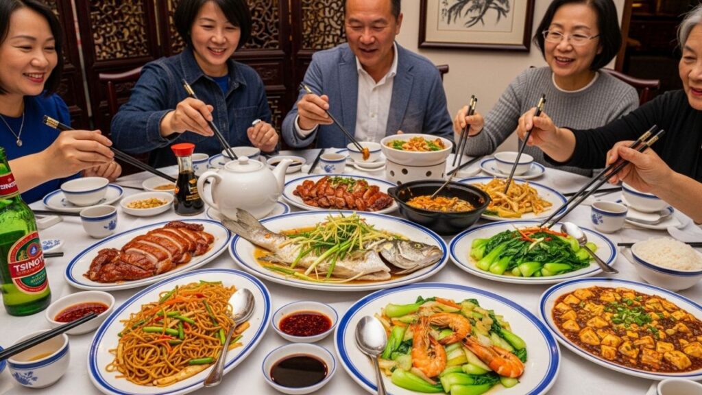 Chinese food family style rice dishes table
