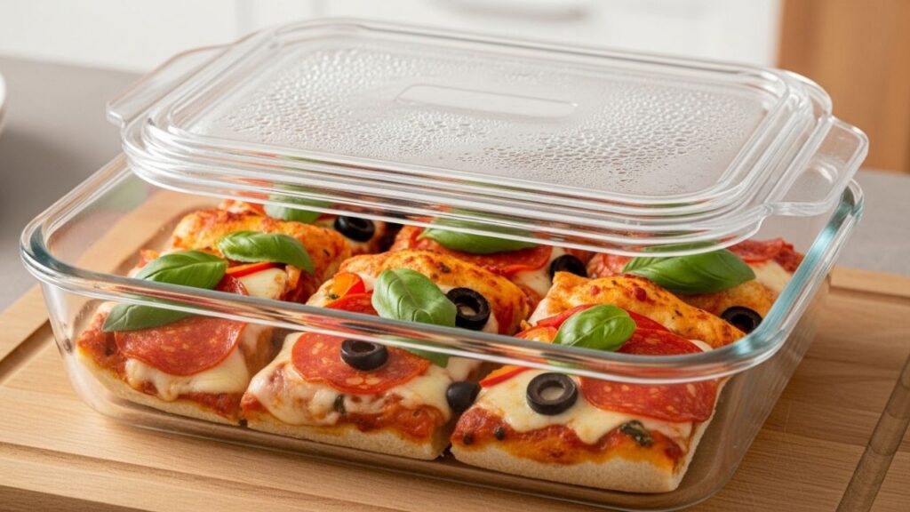 Pizza slices stored for reheating