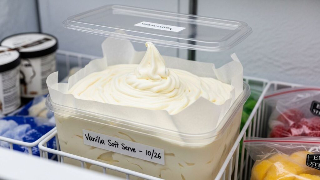 Soft serve stored in an airtight container in the freezer