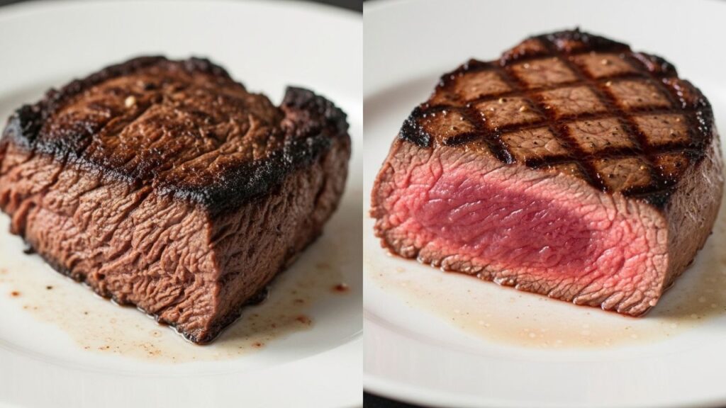 Comparison of overcooked meat vs. perfectly cooked taco meat.