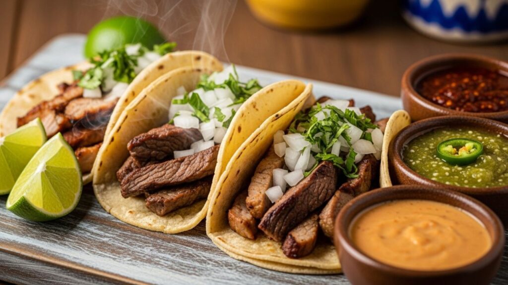 Soft corn tortillas, grilled meats, chopped onions, cilantro, lime wedges, and colorful salsas.