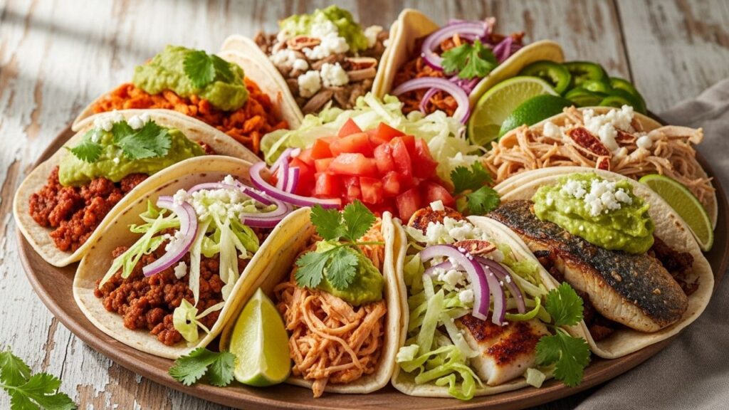 Colorful taco platter on wooden board with assorted toppings and lime wedges.