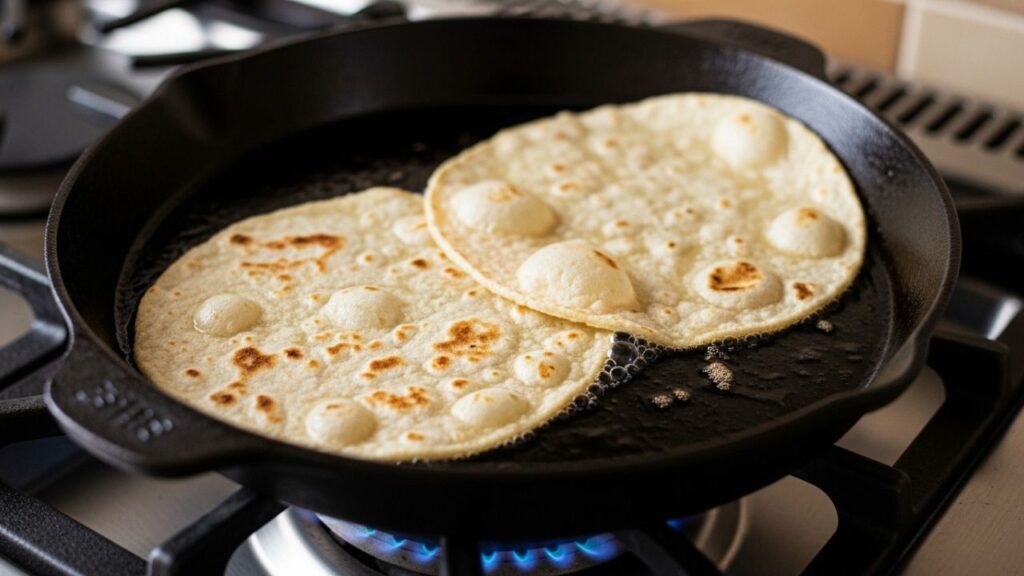 Cook grilling marinated meat and warming tortillas on a pan.